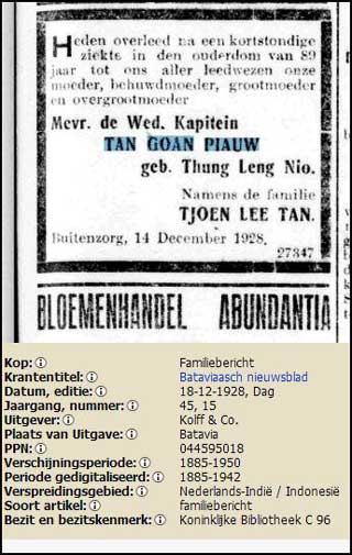 Bataviaasch Nieuwsblad met overlijdensadvertentie Thung Leng Nio